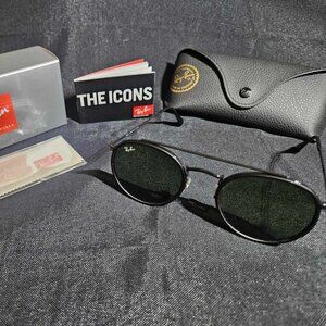 Brand New Black Oval Frame Sunglasses with Classic Green Lenses - Full Accessory